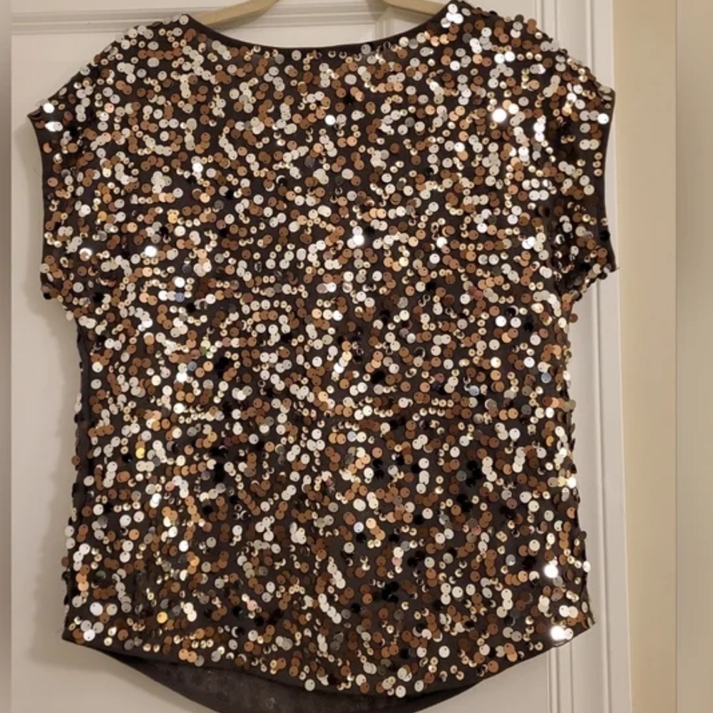 SMALL THE LIMITED Olive Green Blouse Top Gold Silver Sequins Sleveless Relaxed